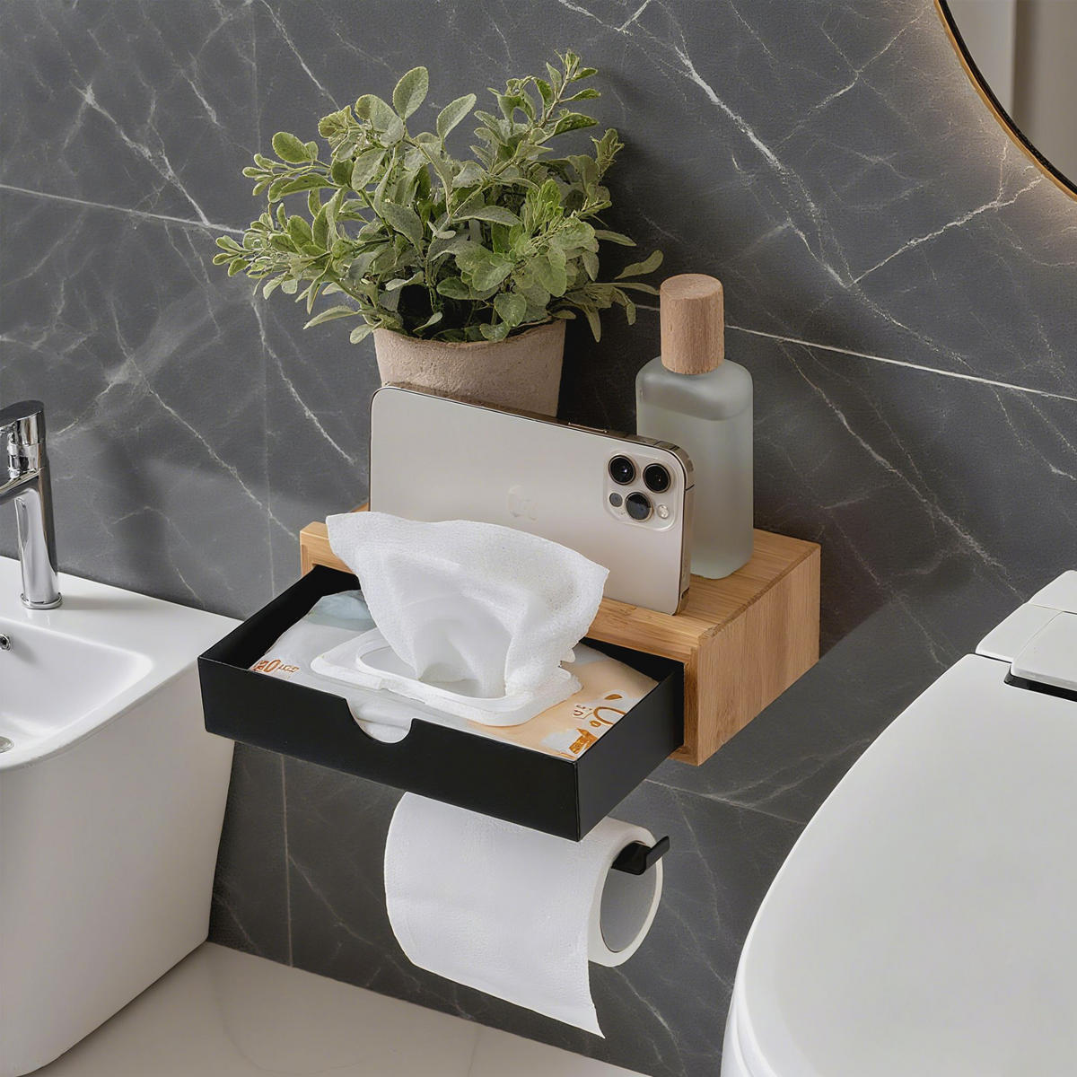 TOILETTENPAPIERHALTER mit Schublade 10x18,5x13cm Bambus - Schwarz, Holz (18.5/10/13cm) - BERLINLODGE