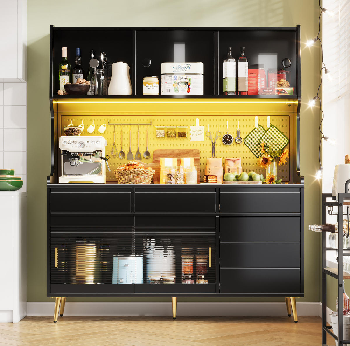 BUFFET 145/39/171 cm aus MDF und Glas mit LED-Beleuchtung und Schiebetüren Schwarz - Schwarz, Holzwerkstoff (145/171/39cm) - Modenvie