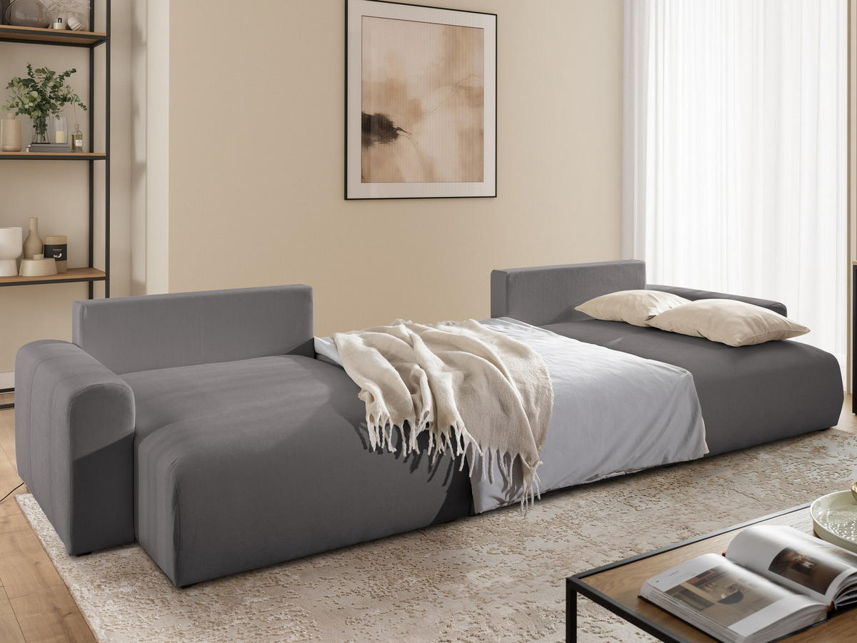 WOHNLANDSCHAFT Calma mit Schlaffunktion und Bettkasten im Bumpy-Design aus weichem Taupe Webstoff - Taupe/Schwarz, Holz/Textil (336/88/140cm) - S-Style
