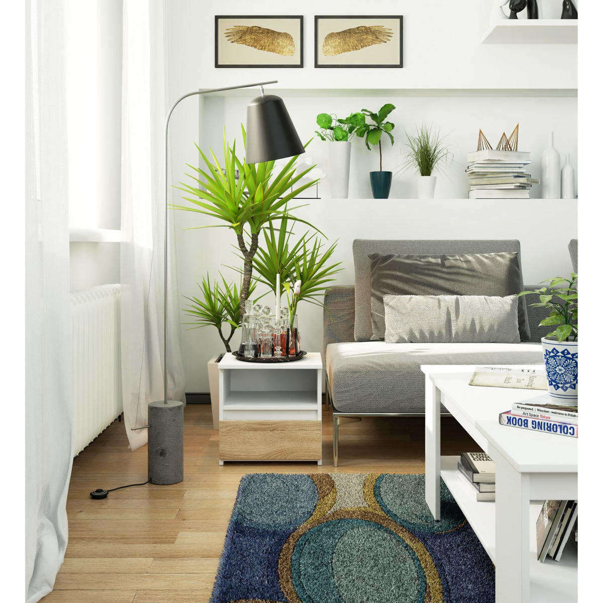 NACHTTISCH Weiß, Eiche Sonoma 40/40/35 - Weiß/Sonoma Eiche, Holzwerkstoff (40/40/35cm) - RAUMHIRSCH FURNITURE