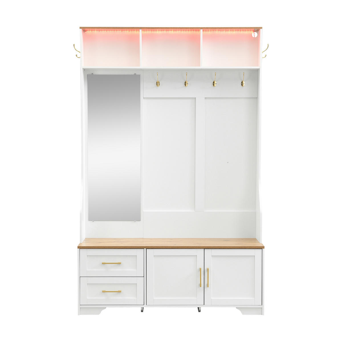 DIELENGARDEROBE 120/40/187 cm mit Spiegel, Sitzbank und LED in Weiß/Holzfarbe - Weiß, Holzwerkstoff (40/187/120cm) - BEAOK