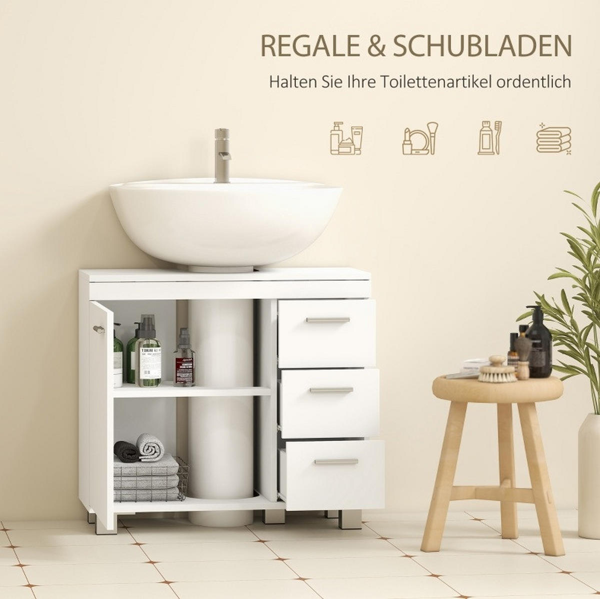 WASCHBECKENUNTERSCHRANK mit 2 Regalen und 3 Schubladen 70 cm Weiß - Weiß, Holzwerkstoff (30/64/70cm) - Beauniv