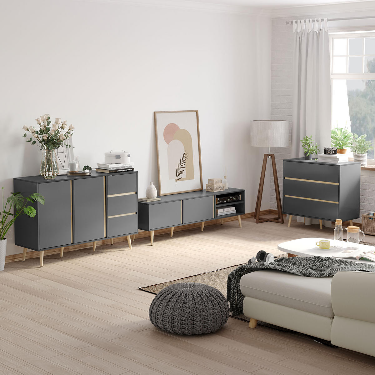 SIDEBOARD Anthrazit und Naturfarben, 2 Türen, 3 Schubladen, 120/40/80 cm - Dunkelgrau, Holz (120/80/40cm) - PANGIVO