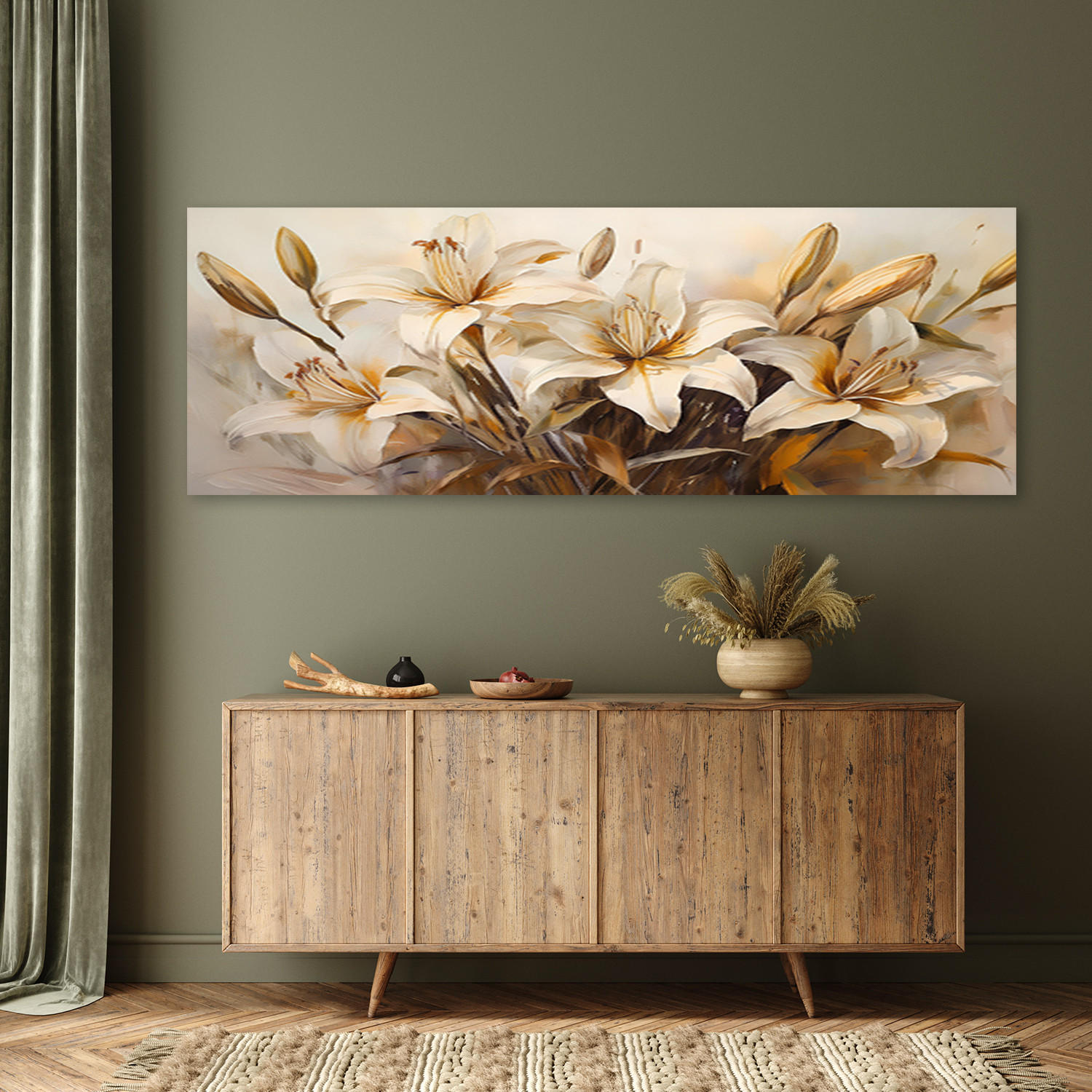 WANDBILD lilienblüten in beige im boho stil - Beige, Textil (90/30cm) - Feeby