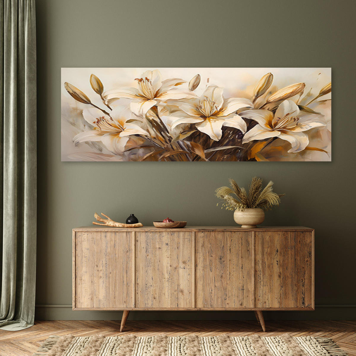 WANDBILD lilienblüten in beige im boho stil - Beige, Textil (90/30cm) - Feeby