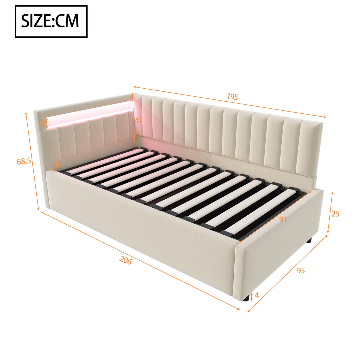 POLSTERBETT 90/200 cm beige aus Samt mit LED und hydraulischem Stauraum - Beige, Textil (90/200cm) - OKWISH