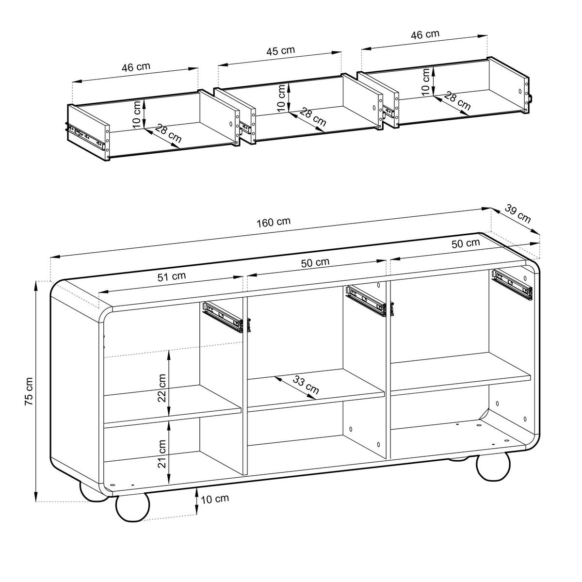 SIDEBOARD aus Kaschmir mit drei Schränken und drei Schubladen – Modernes Design, kugelförmige Beine, 160 x 75 x 39 cm - Beige, Holzwerkstoff (160/75/39cm) - 3XE LIVING