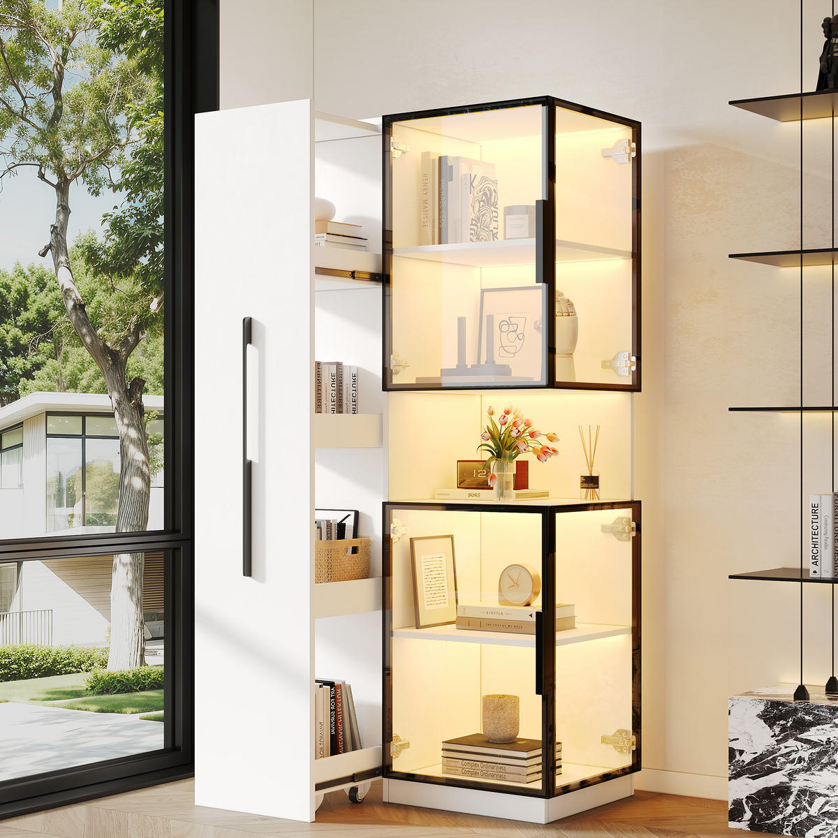 VITRINE LED Glasvitrine Ausziehregal Doppelglas 160cm - Weiß, Glas (70/160/38cm) - FLIEKS