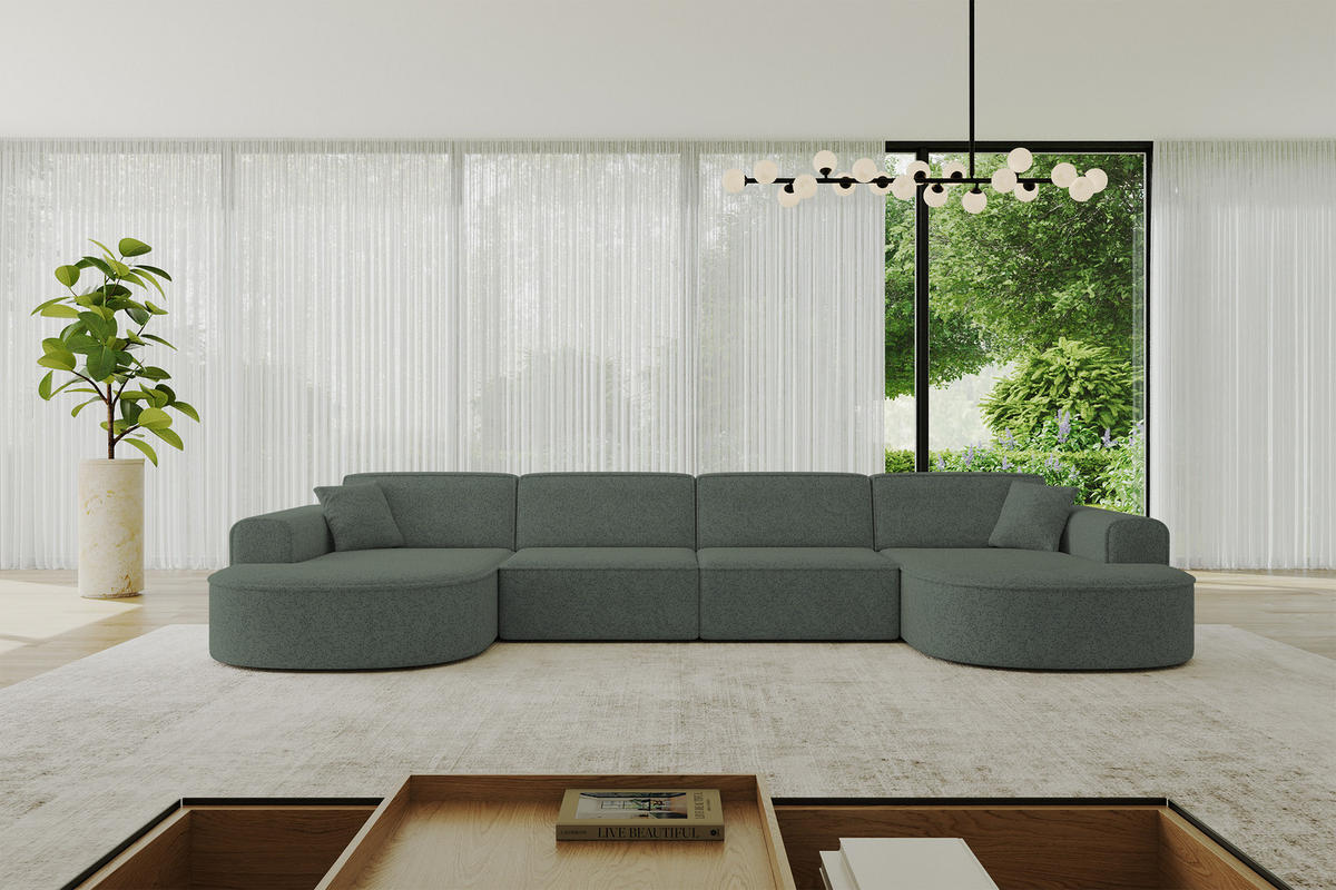 WOHNLANDSCHAFT MARI-U2 - 388x171x79 cm Grün Tissu - Schwarz/Grün, Holzwerkstoff/Kunststoff (388/79/171cm) - ALTDECOR