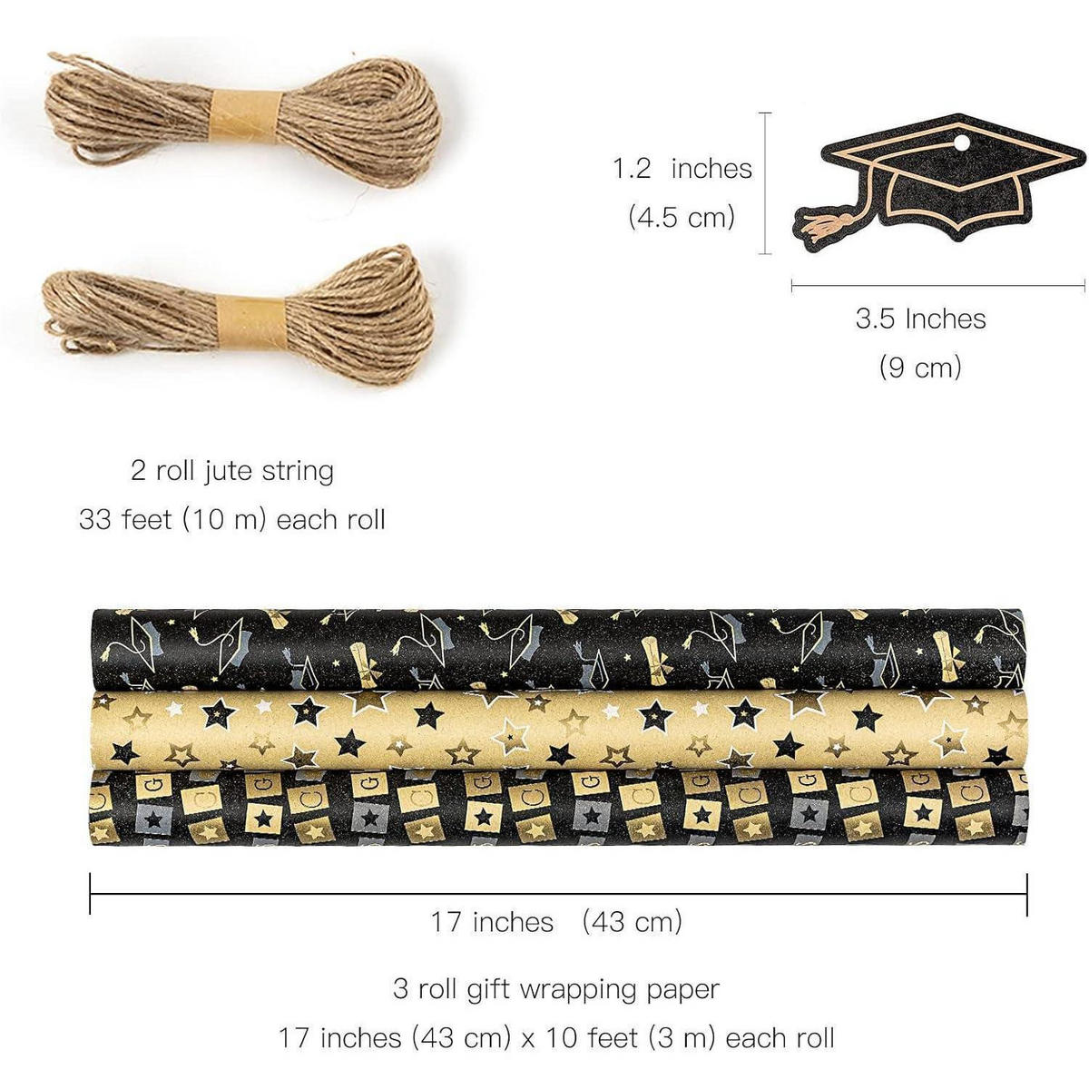 GESCHENKPAPIER Set mit Schnur und Anhängern 3 Rollen 43 cm x 3 Meter - Multicolor, Papier (4/44/10cm)