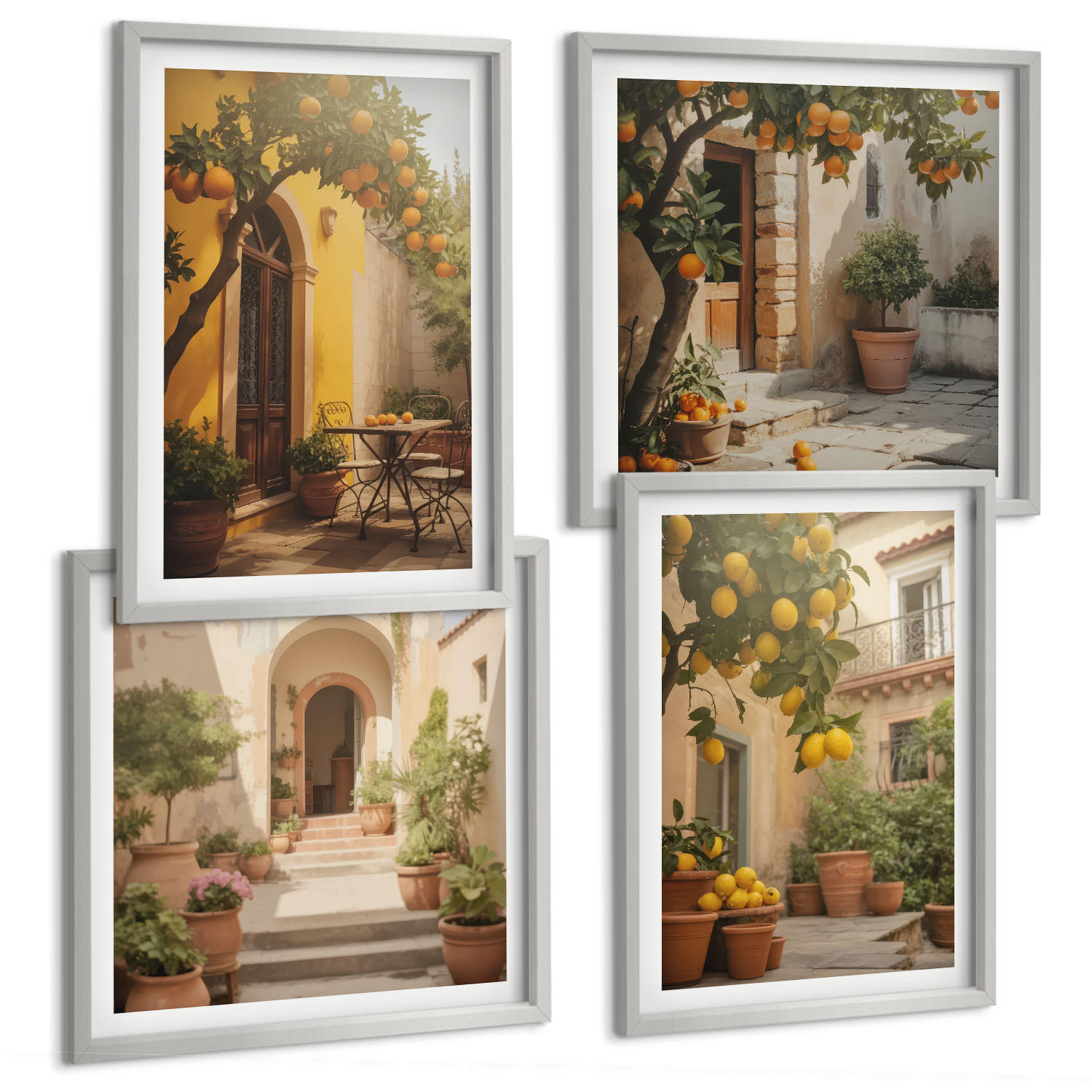 BILDER SET 4er Set - 50x50 cm & 40x60 cm Silberner Rahmen - Terrasse mit Zitrusbäumen - Silberfarben, Kunststoff (50/50cm) - TULUP