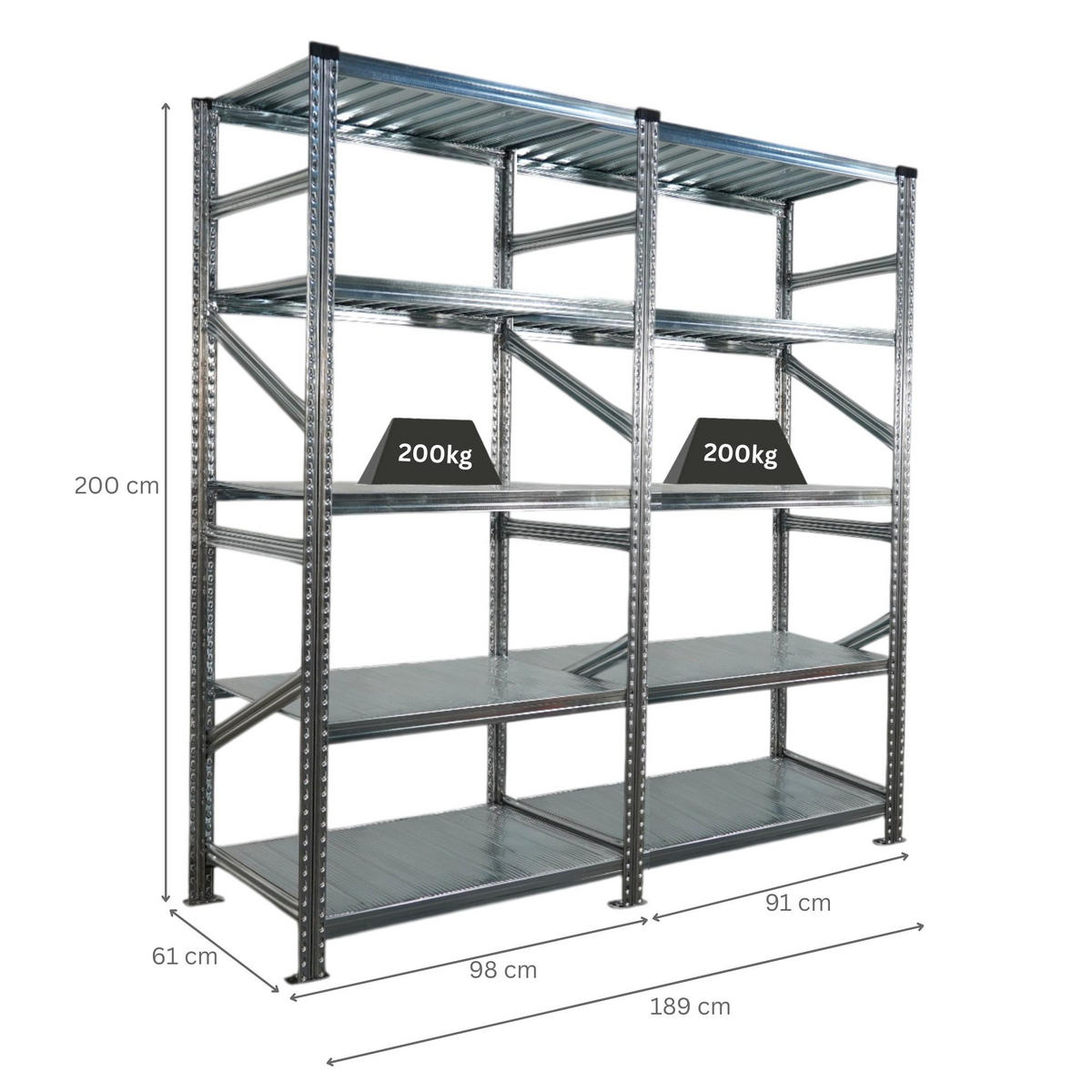 FACHBODENREGAL Proximo Stecksystem 200x180x60cm 5 Ebenen Fachlast 200 kg Beidseitig nutzbar Verzinkt - Silberfarben, Metall (180/200/60cm) - PROREGAL