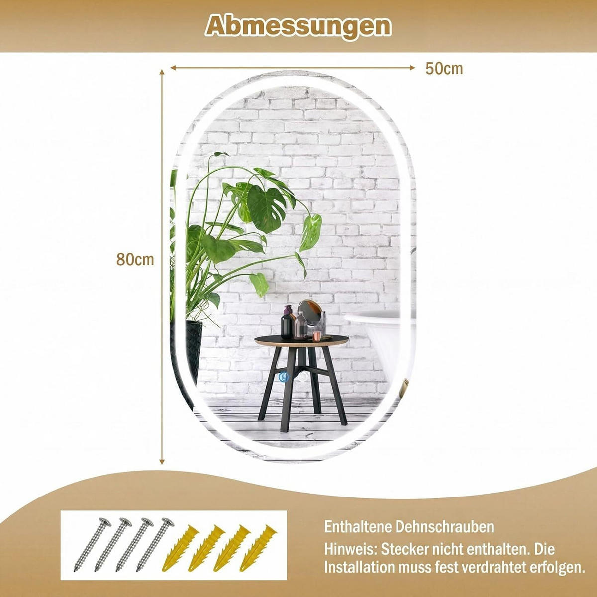 BADSPIEGEL mit Beleuchtung silber - Silberfarben, Glas (50/80/3cm) - COSTWAY