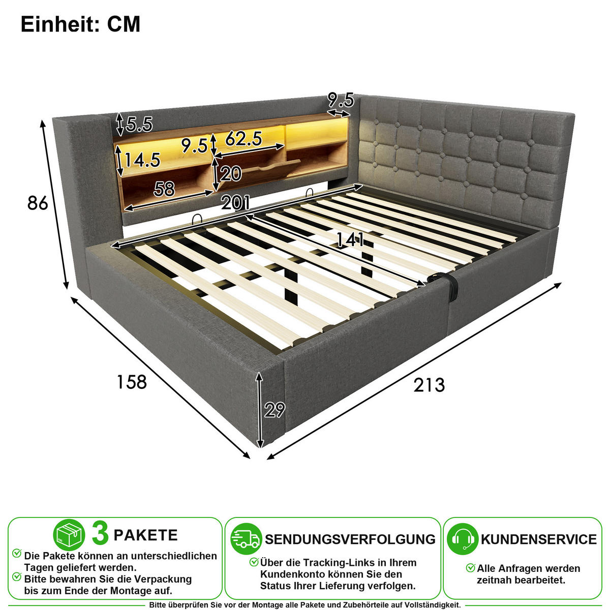 POLSTERBETT 140/200 cm in Grau mit LED, USB-C und Stauraum Leinen - Grau, Holzwerkstoff/Textil (140/200cm) - CHICFURN