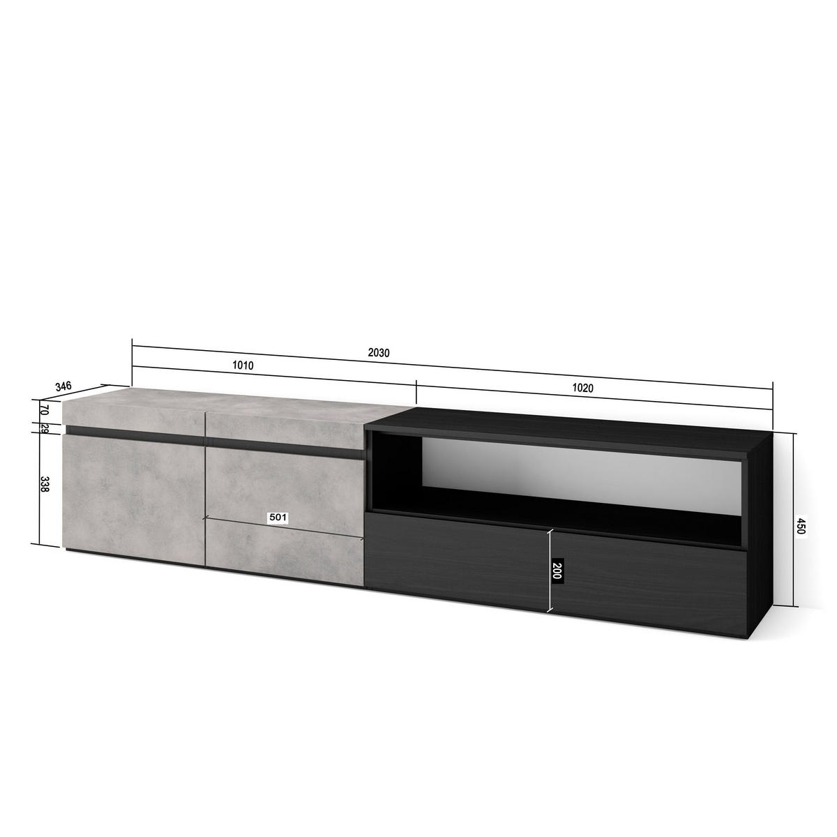 TV-SCHRANK zementgrau, 200/35/45cm - Grau, Holzwerkstoff (200/45/35cm) - Skraut Home