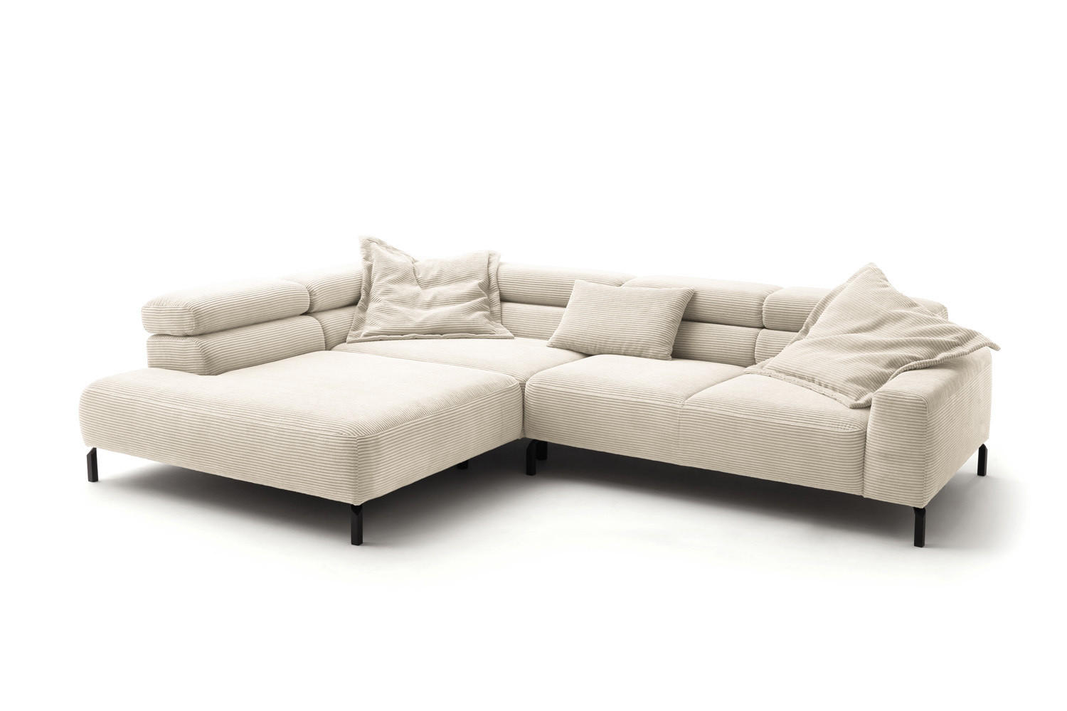 ECKSOFA DELIA Cremeweiß Cord Relaxfunktion - Creme/Schwarz, Textil/Metall (276/219cm) - KAWOLA