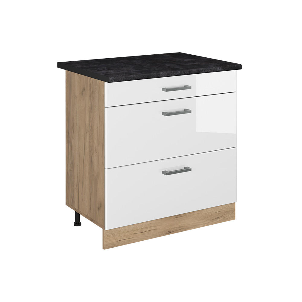 KUCHYNSKÁ SPODNÁ SKRINKA R-Line, Biely vysoký lesk/Dub Goldkraft, 80 cm s 3 zásuvkami antrasiitti työtaso - biela s vysokým leskom/farba duba, kompozitné drevo (80/81.6/60cm) - Vicco