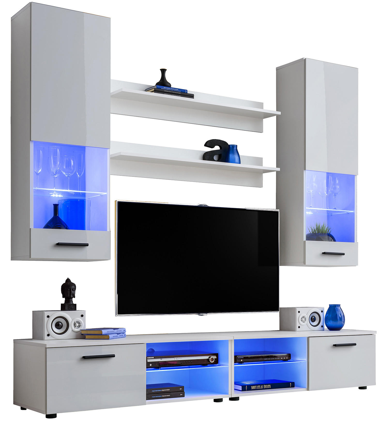 WOHNZIMMERSET VARALLO, 6er-Set, Weiß, Front Hochglanz Weiß , LED Blau - Schwarz/Weiß, Glas/Holzwerkstoff (200/190/45cm) - Komodee