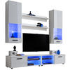 WOHNZIMMERSET VARALLO, 6er-Set, Weiß, Front Hochglanz Weiß , LED Blau - Schwarz/Weiß, Glas/Holzwerkstoff (200/190/45cm) - Komodee