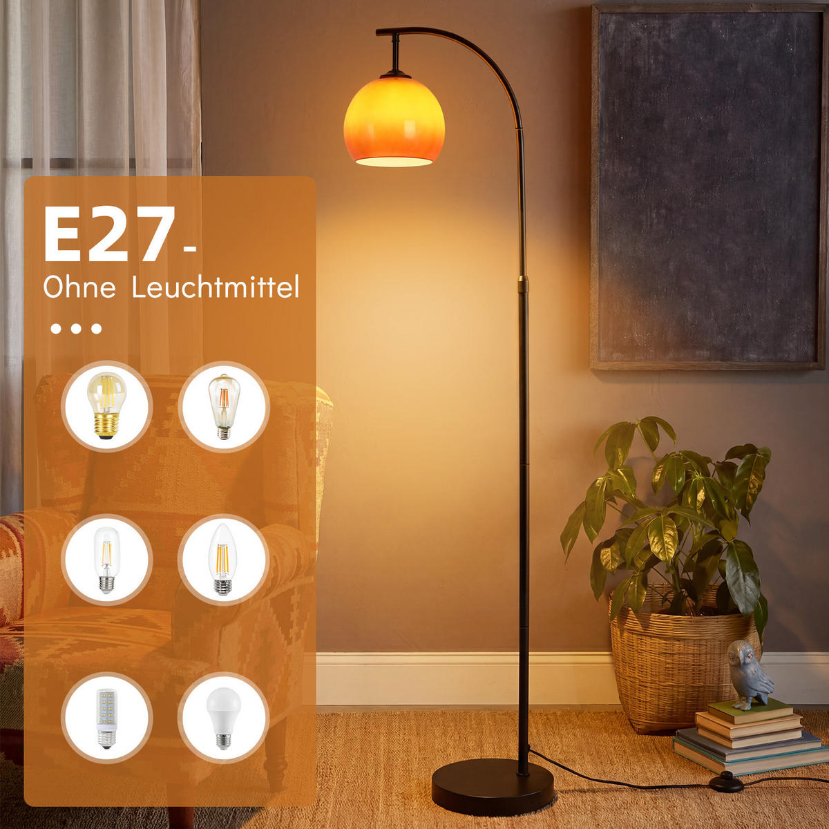 STEHLAMPE Jynvex 40/25/160 cm - Schwarz/Orange, Glas/Metall (40/25/160cm) - ZMH