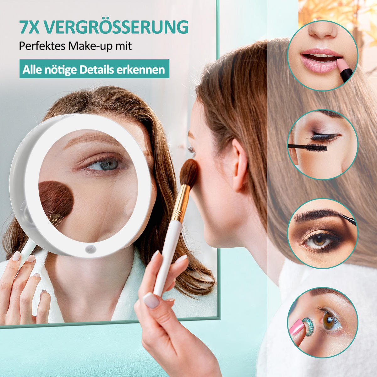 KOSMETIKSPIEGEL mit Licht mit Saugnapf, 7-fache Vergrößerung, Weiß, φ16,5 cm - Weiß, Glas (16.7/16.7/16.7cm) - EMKE