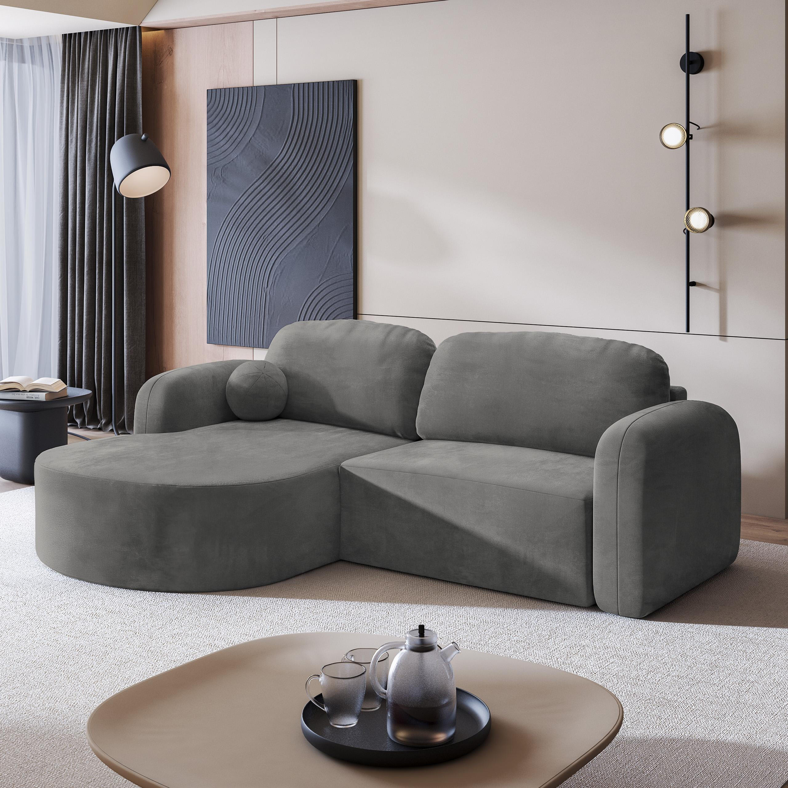 ECKSOFA AMILIA M L-S Grau Velours-Stoff mit Schlaffunktion - Grau, Holz (263/174cm) - MASSENO