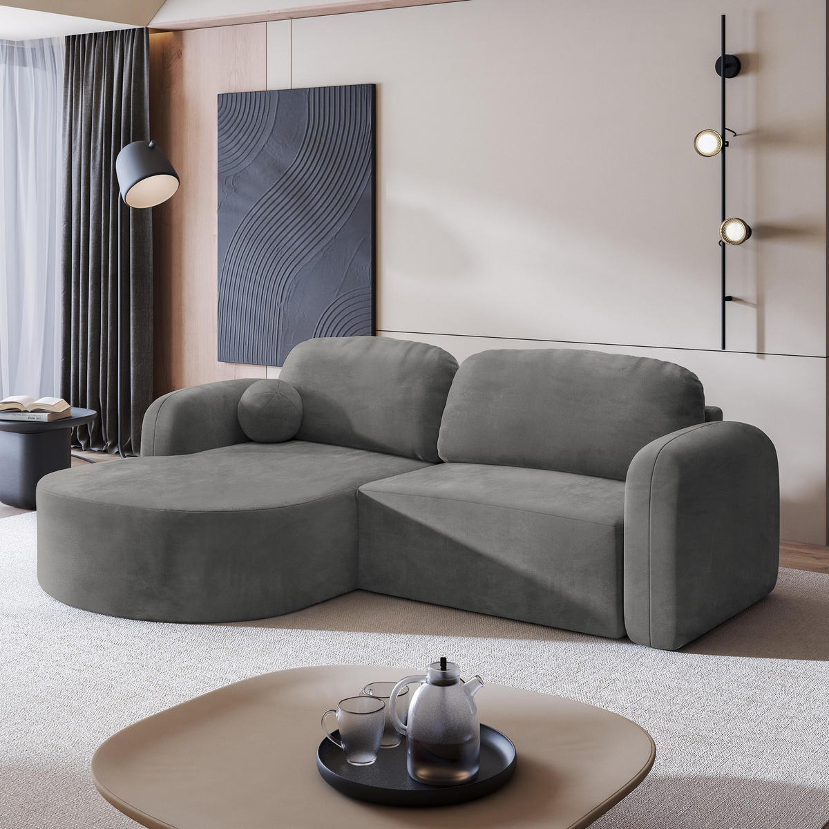 ECKSOFA AMILIA M L-S Grau Velours-Stoff mit Schlaffunktion - Grau, Holz (263/174cm) - MASSENO