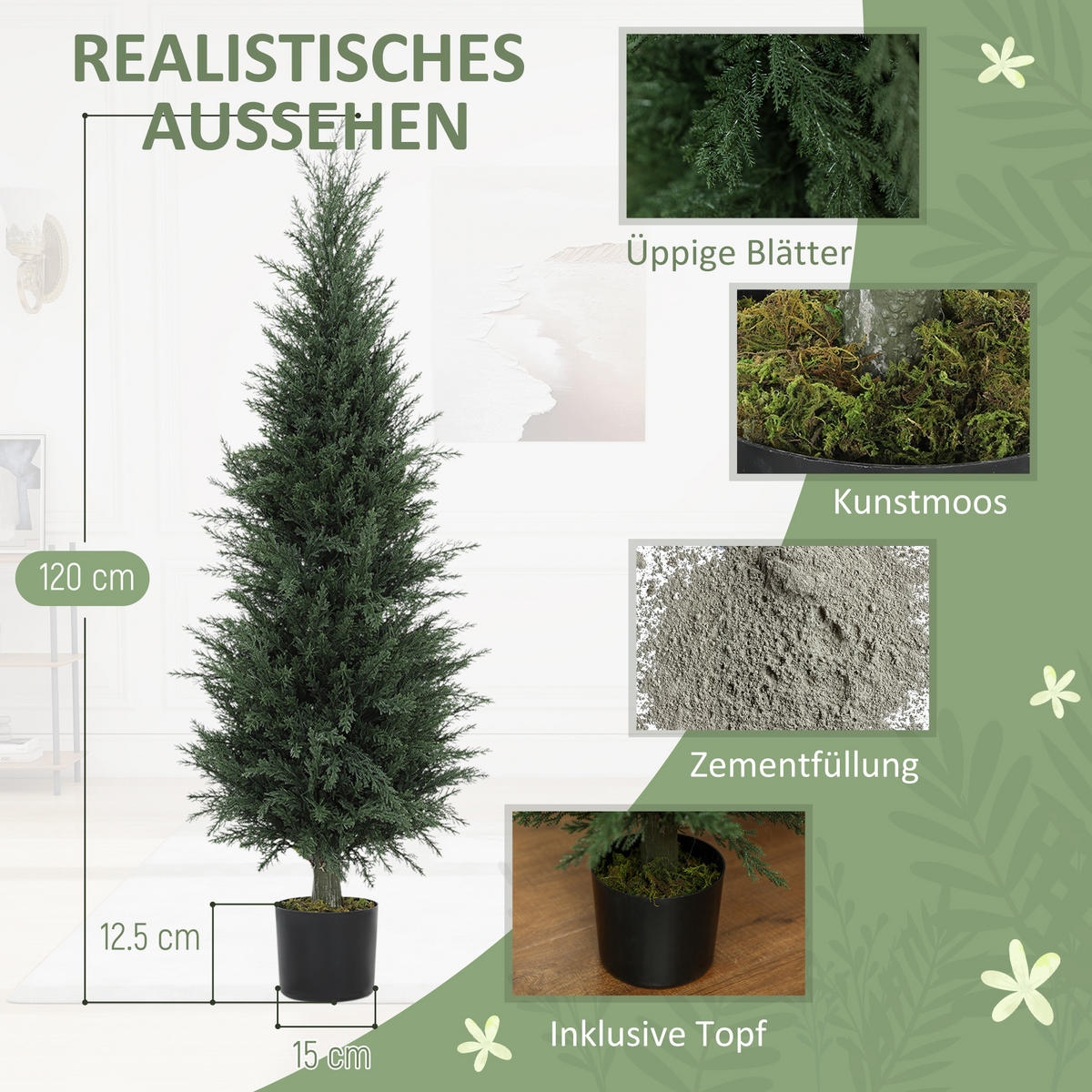 KÜNSTLICHE-PFLANZE mit UV-Schutz, Grün - Grün, Kunststoff (120cm) - HOMCOM