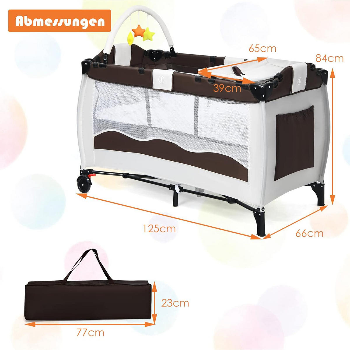 BABYBETT 3 in 1 klappbares Reisebett Wickeltisch Braun - Braun, Metall - COSTWAY
