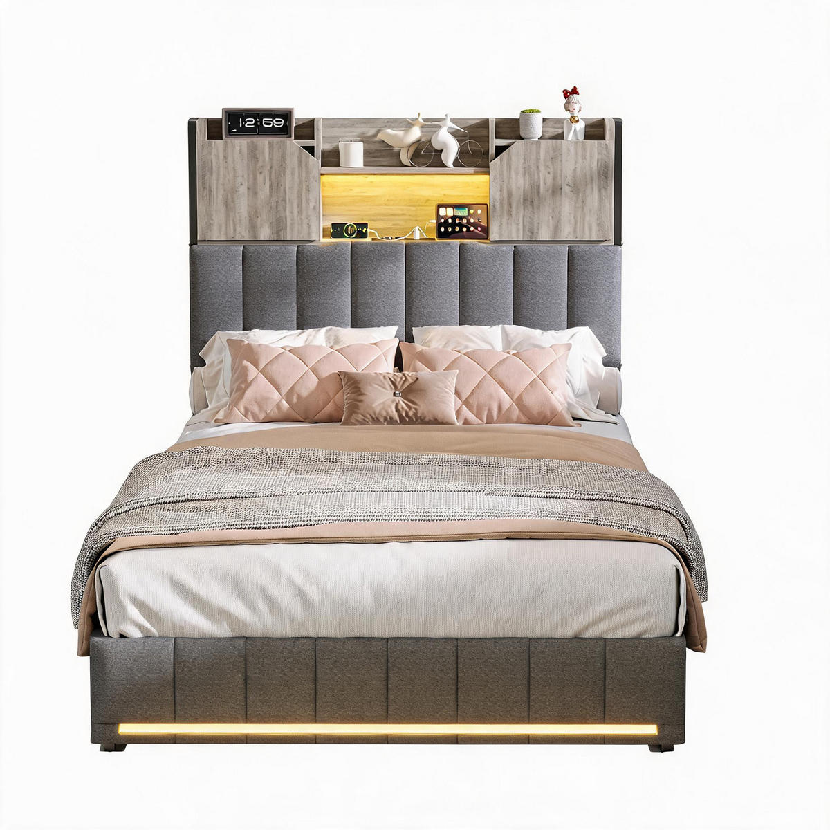 POLSTERBETT 90x200 cm mit LED und USB, Einzelbett mit Lattenrost und Kopfteil, 2 Schubladen, Bett 90x200, Leinenstoff, Grau - Grau, Holzwerkstoff/Textil (90/200cm) - GENKI LIVING