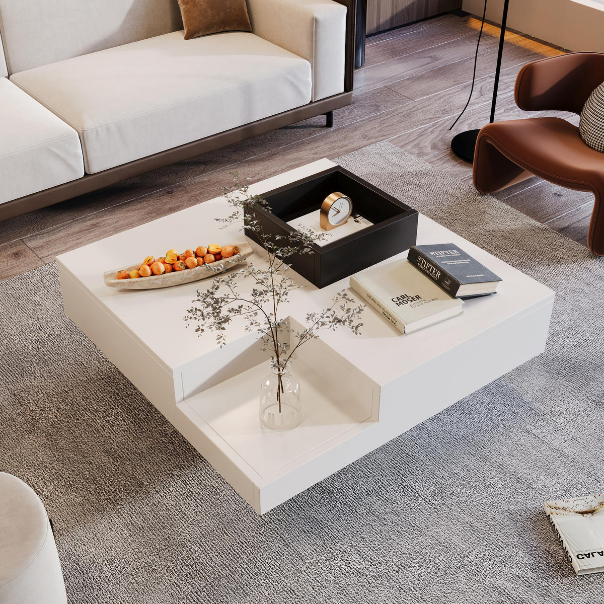 COUCHTISCH, Hochglanz-Design in Weiß und Schwarz mit abnehmbarer Aufbewahrungsbox und mehrfarbiger LED, 72/72/30 cm,Weiß - Weiß, Holzwerkstoff (72/72/30cm) - Redom