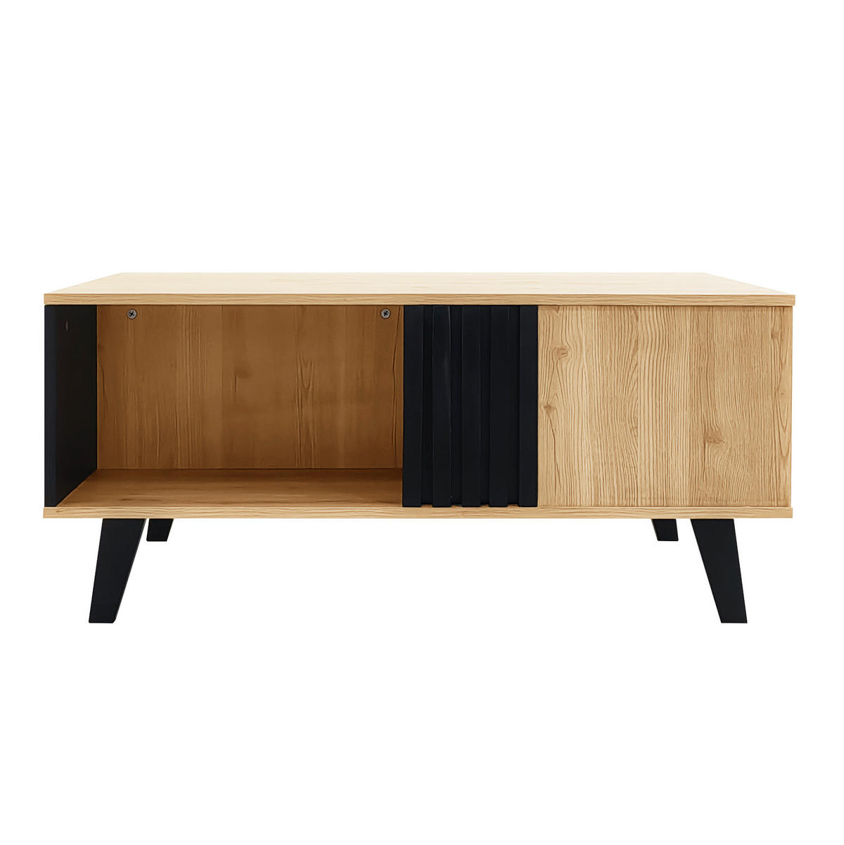 COUCHTISCH, Glas & Spanplatte, naturfarbene Platte mit schwarzen Beinen, großes Staufach, 100/60/45 cm, Schwarz und Holz - Naturfarben, Holzwerkstoff (100/60/45cm) - Redom