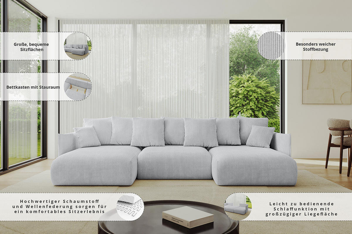 WOHNLANDSCHAFT mit Schlaffunktion und Bettkasten ONESK-U 317x177x72 Hellgrau Velours - Titanfarben/Hellgrau, Holzwerkstoff/Kunststoff (317/72/177cm) - ALTDECOR