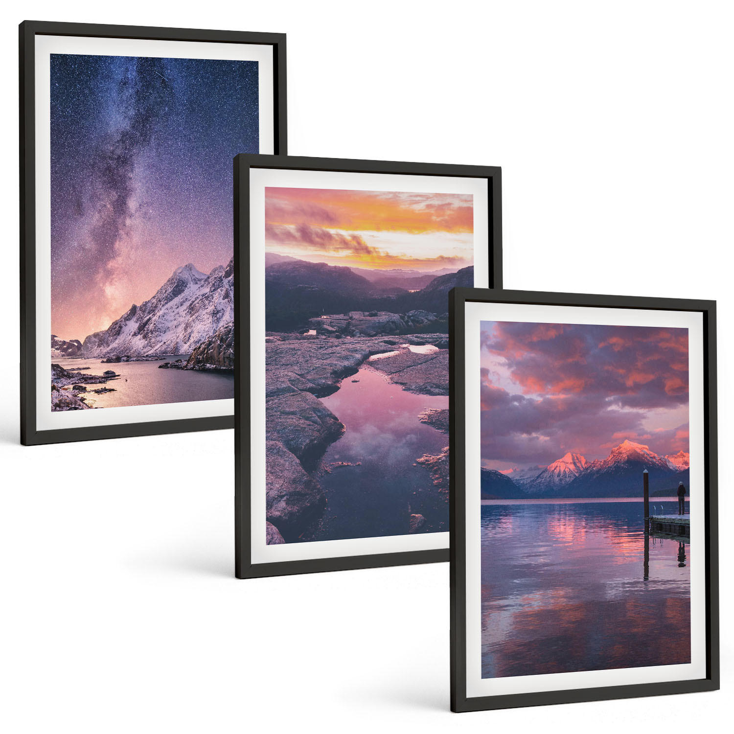 BILDER SET 3er Set - 40x60 cm Schwarzer Rahmen - Berge, Wasser, wunderschöne Landschaften - Schwarz, Kunststoff (40/60cm) - TULUP