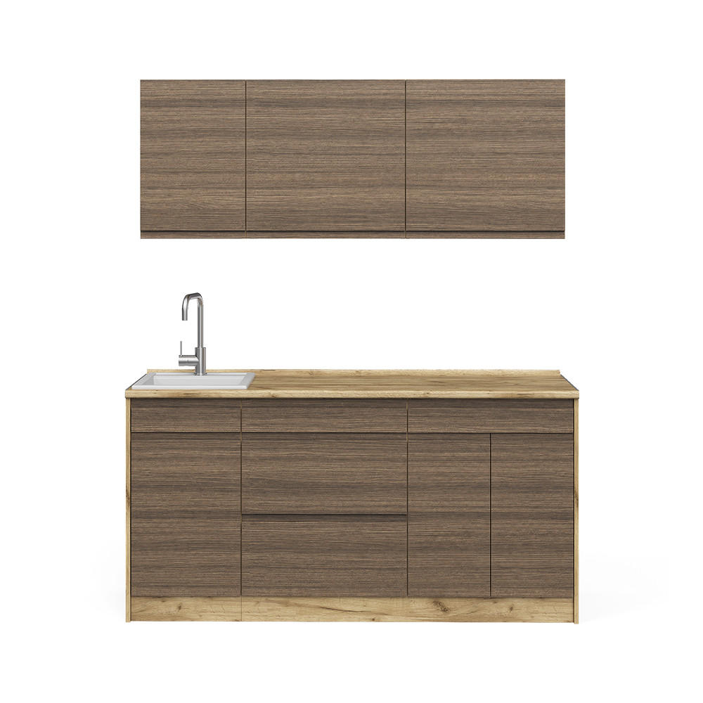 SINGLEKÜCHE R-Line, Tabak-Walnuss/Goldkraft Eiche, 160 cm Arbeitsplatte Satin - Eichefarben/Walnussfarben, Holzwerkstoff (160/81.6/60cm) - Vicco