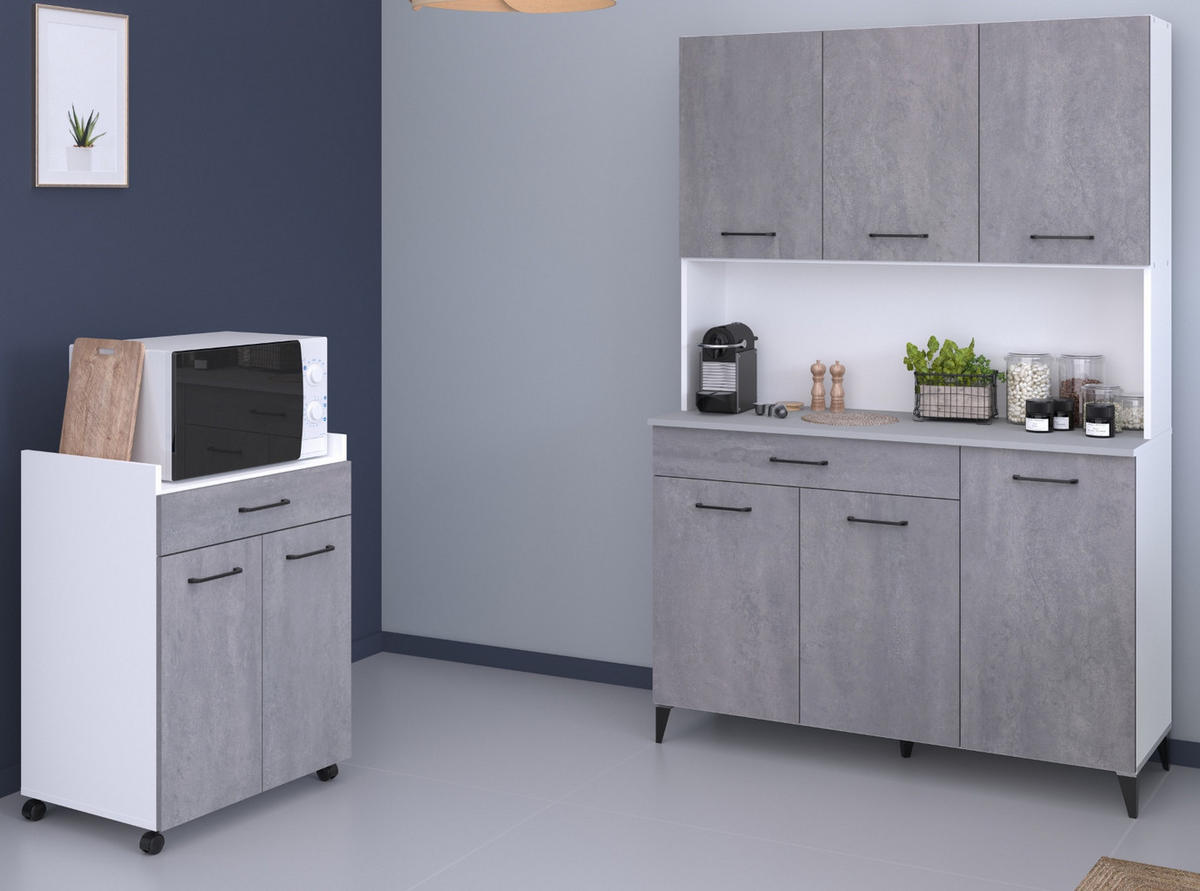 MINIKÜCHE grau, weiß, Set 2-teilig mit Buffet, Mehrzweckschrank - Weiß/Grau, Holzwerkstoff (180/180/45cm) - Parisot Meuble