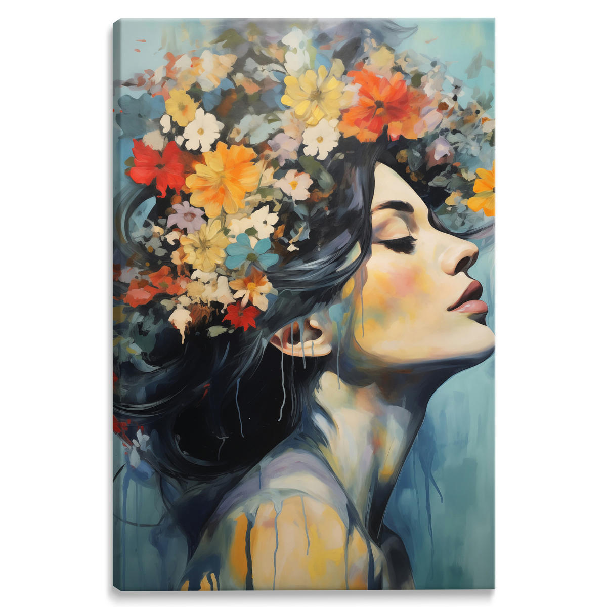LEINWANDBILD Frau Porträt Gesicht Blumen 50x70 - Blau/Beige, Textil (50/70cm) - Muralo