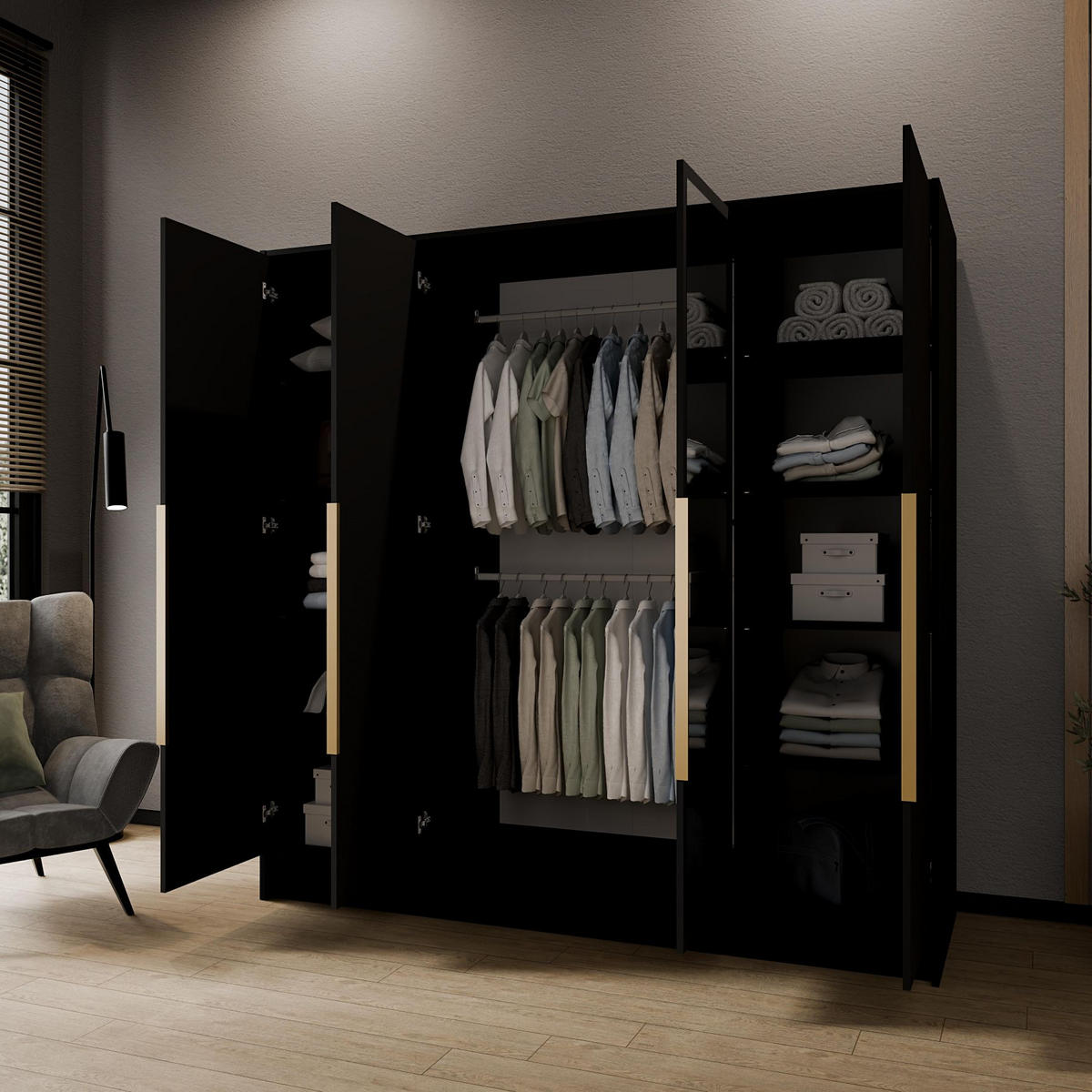 SCHRANK Schwarz LUSO Mit Spiegel Und Schwarzen Griffen 200 g - Schwarz, Holzwerkstoff (200/200/51cm) - Sepro Meble