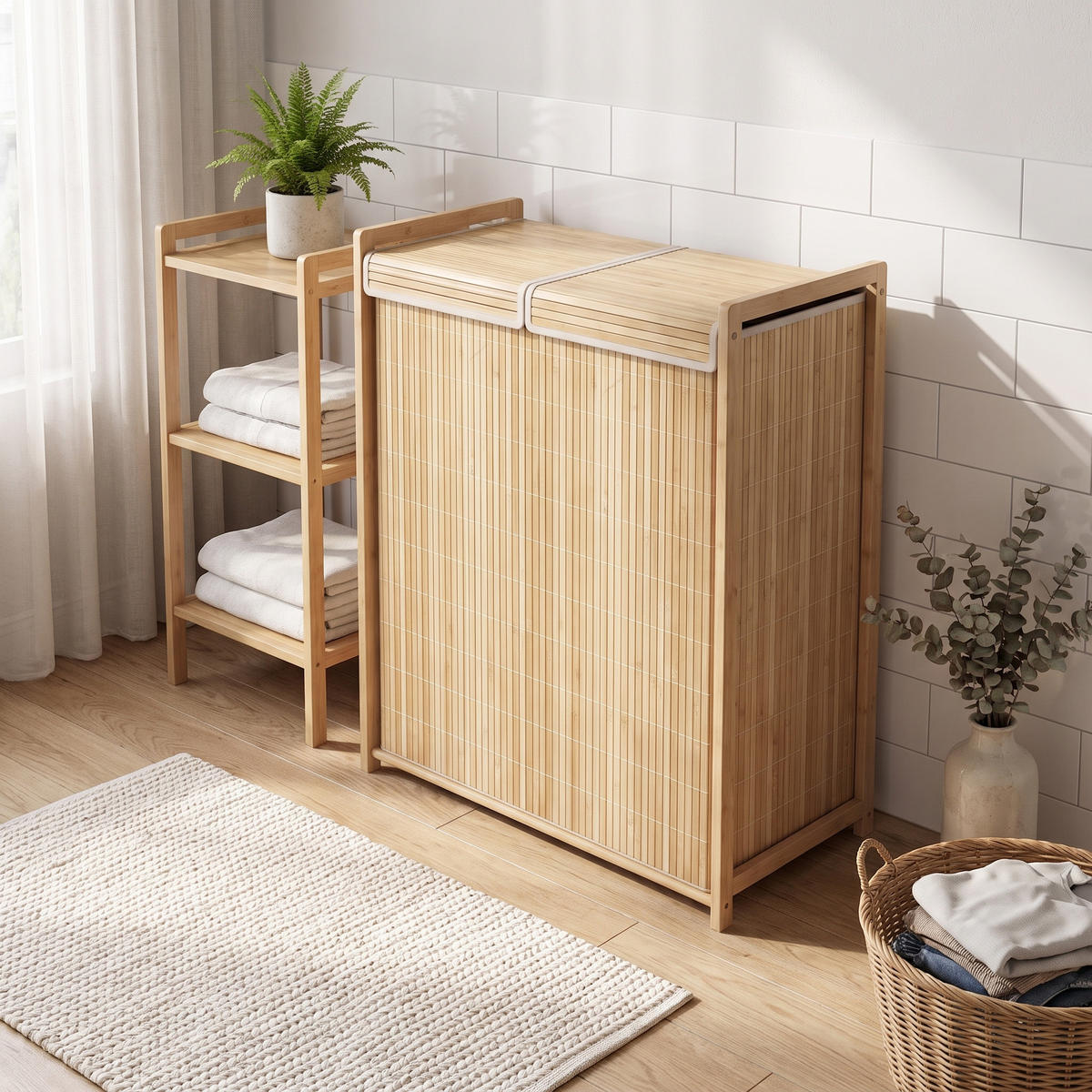 WÄSCHEKORB Bambus 120L mit Deckel, 2 Wäschesäcken & Seitentaschen Natur - Naturfarben, Naturmaterialien (63/78/33cm) - Urban Meuble