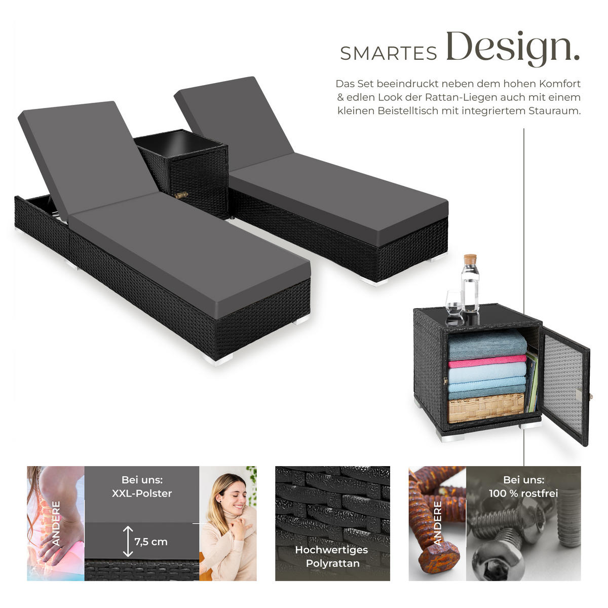 RATTAN-SONNENLIEGEN 2er Set, wetterfest und UV-beständig, schwarz - Schwarz, Kunststoff (60/21/184cm) - tectake