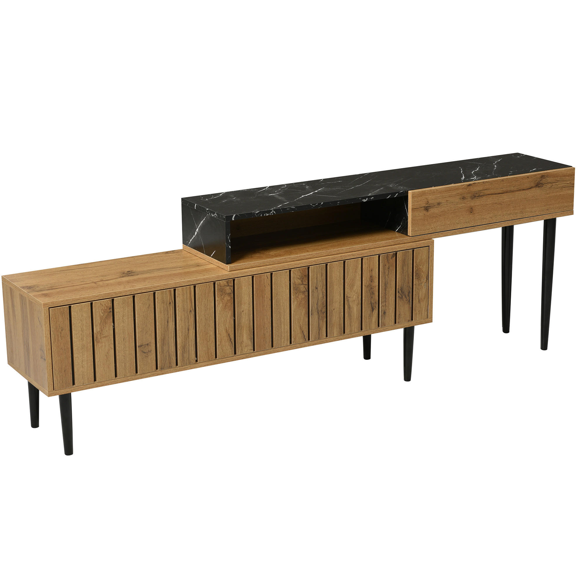 TV-STÄNDER Natural Wood mit Marmor- und Holzmaserungsdesign, PVC-Kante und stabilen Eisenbeinen - Naturfarben, Holzwerkstoff (240/58/22cm) - OKWISH