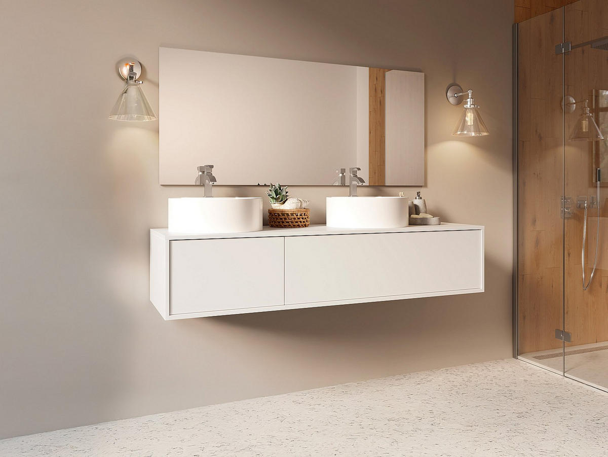 DOPPELWASCHTISCH - 150cm x 47cm - Holzspan - weiß - ISAURE - Weiß, Holz (150/32/47cm) - Vente-Unique