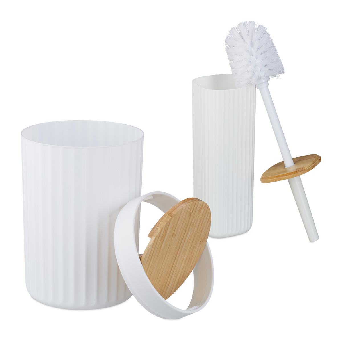 BADEZIMMER-SET 6-tlg. - Weiß, Holz/Kunststoff (18/27/18cm) - Relaxdays