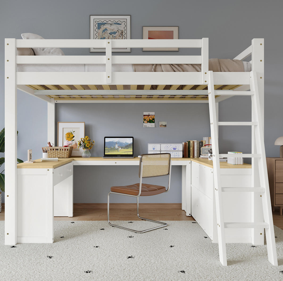HOCHBETT 140/200 cm aus Kiefer und MDF mit U-förmigem Langtisch Weiß/Natur - Weiß, Holzwerkstoff (140/200cm) - Modenvie