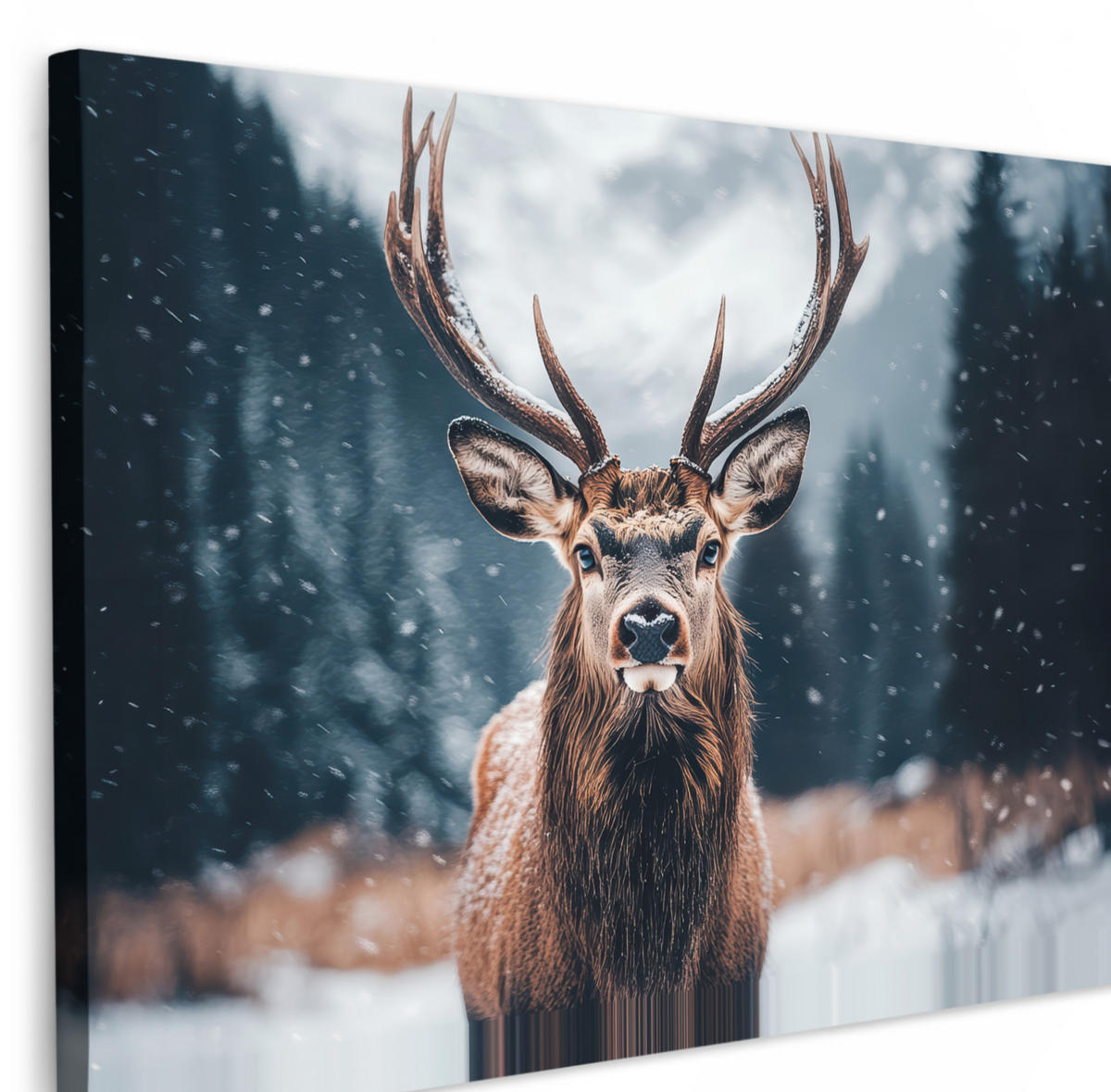 LEINWANDBILD Hirsche - Tiere - Landschaft - Winter - Schnee XXL 150x100 cm - Kastanienfarben, Textil (150/100cm) - MuchoWow