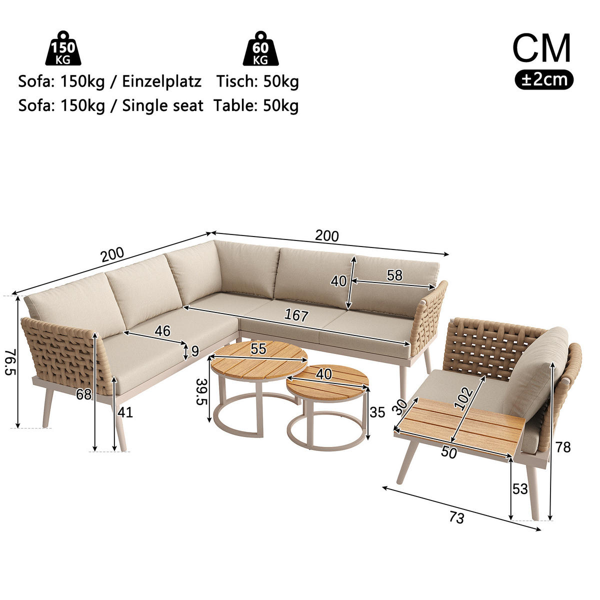 GARTENLOUNGE-SET 200/73/76,5 cm modular mit 2 Couchtischen, handgeflochtenen Armlehnen und Eisengestell, Beige - Beige, Metall - Redom