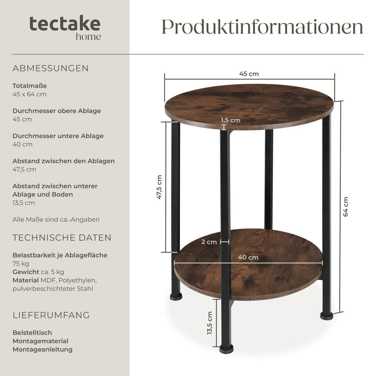 BEISTELLTISCH Ballina,45 x 64 cm,Industrial Holz dunkel, rustikal - Rostfarben, Holz (45/45/64cm) - tectake