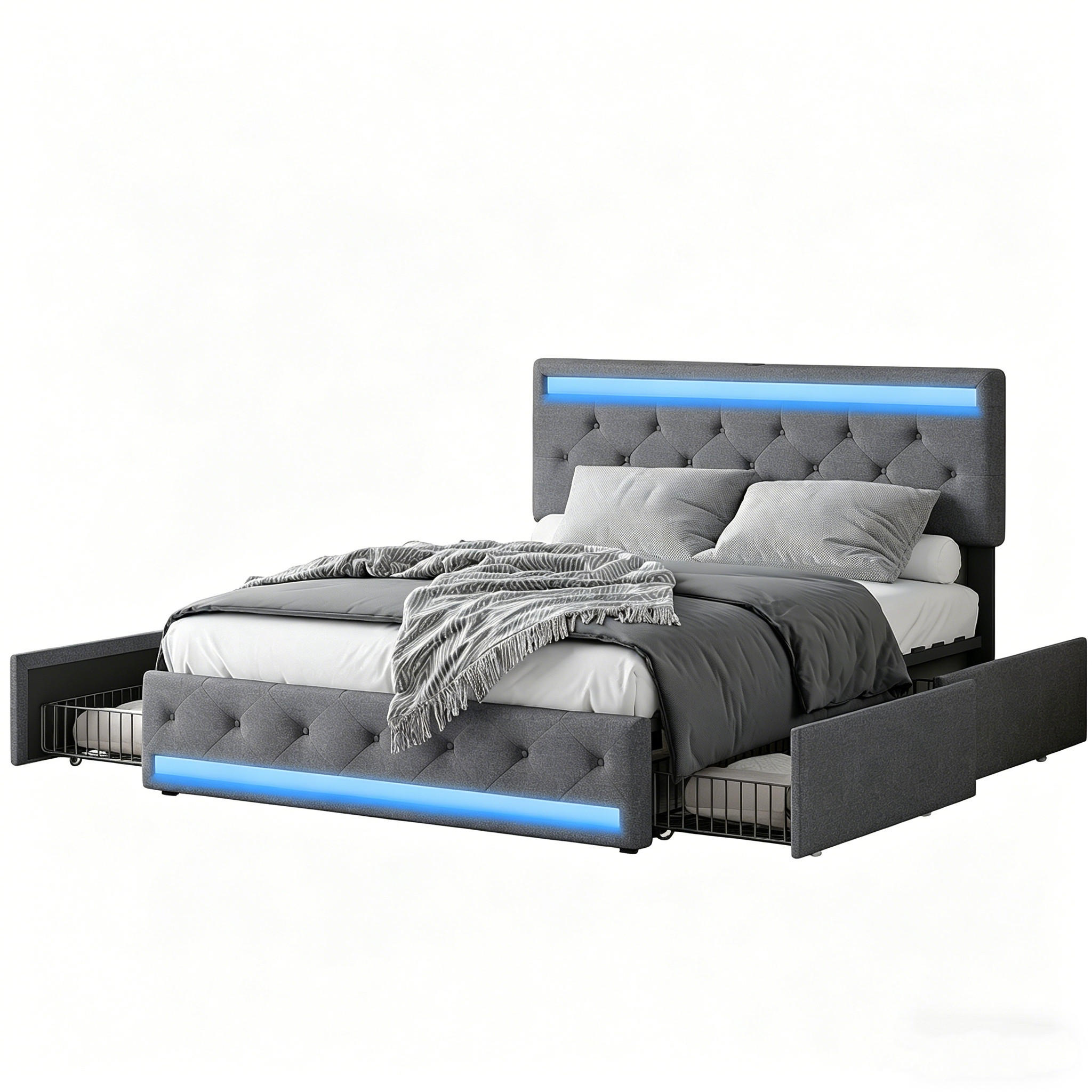 POLSTERBETT 180x200 cm,Doppelbett Grau mit Schubladen und LED-Beleuchtung, - Grau, Holz (180/200cm) - PARAFTA HOME