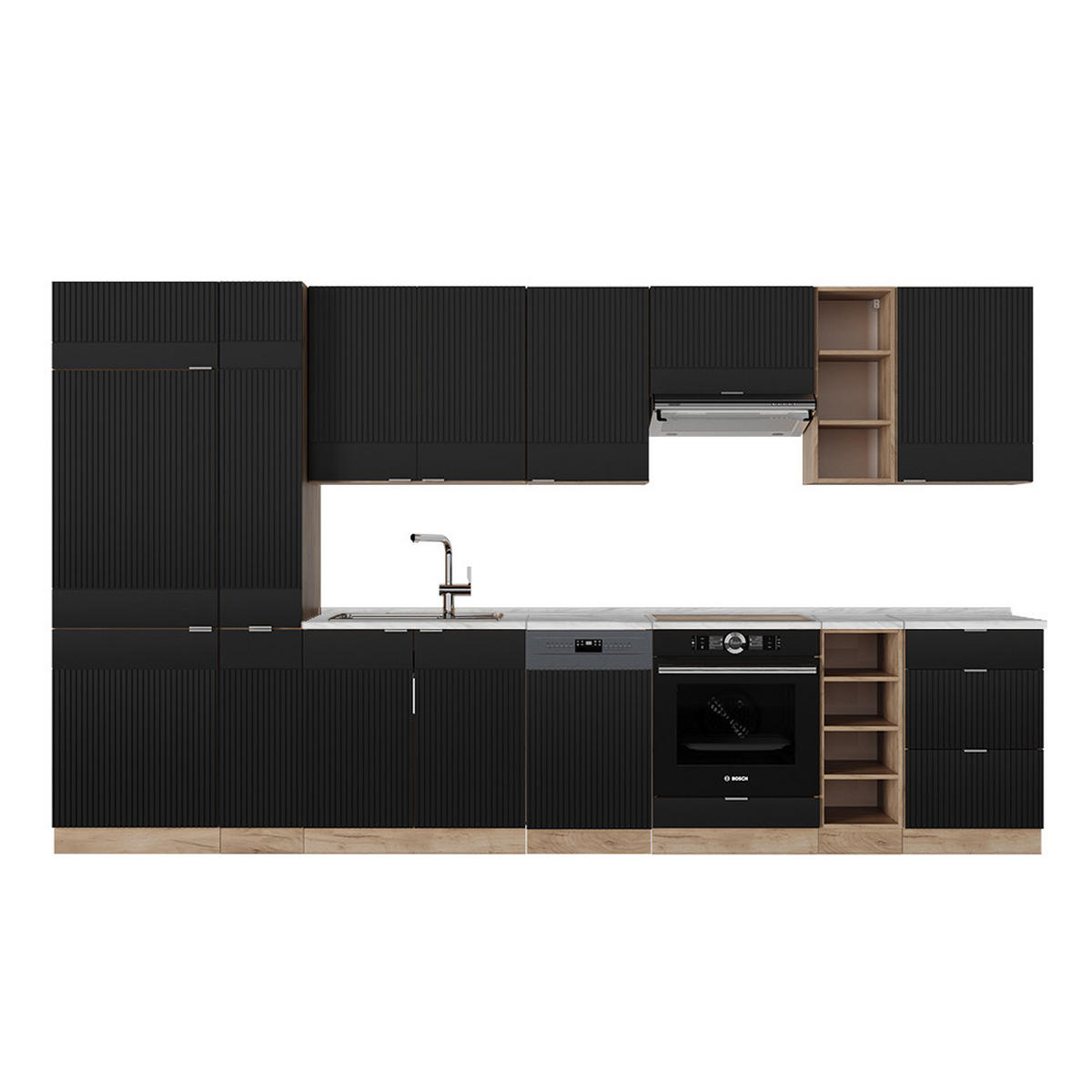 KÜCHENZEILE Fame-Line, Schwarz gestreift/Goldkraft Eiche, 355 cm ohne Arbeitsplatte - Honigeiche/Schwarz, Holzwerkstoff (355/81.6/46cm) - Vicco