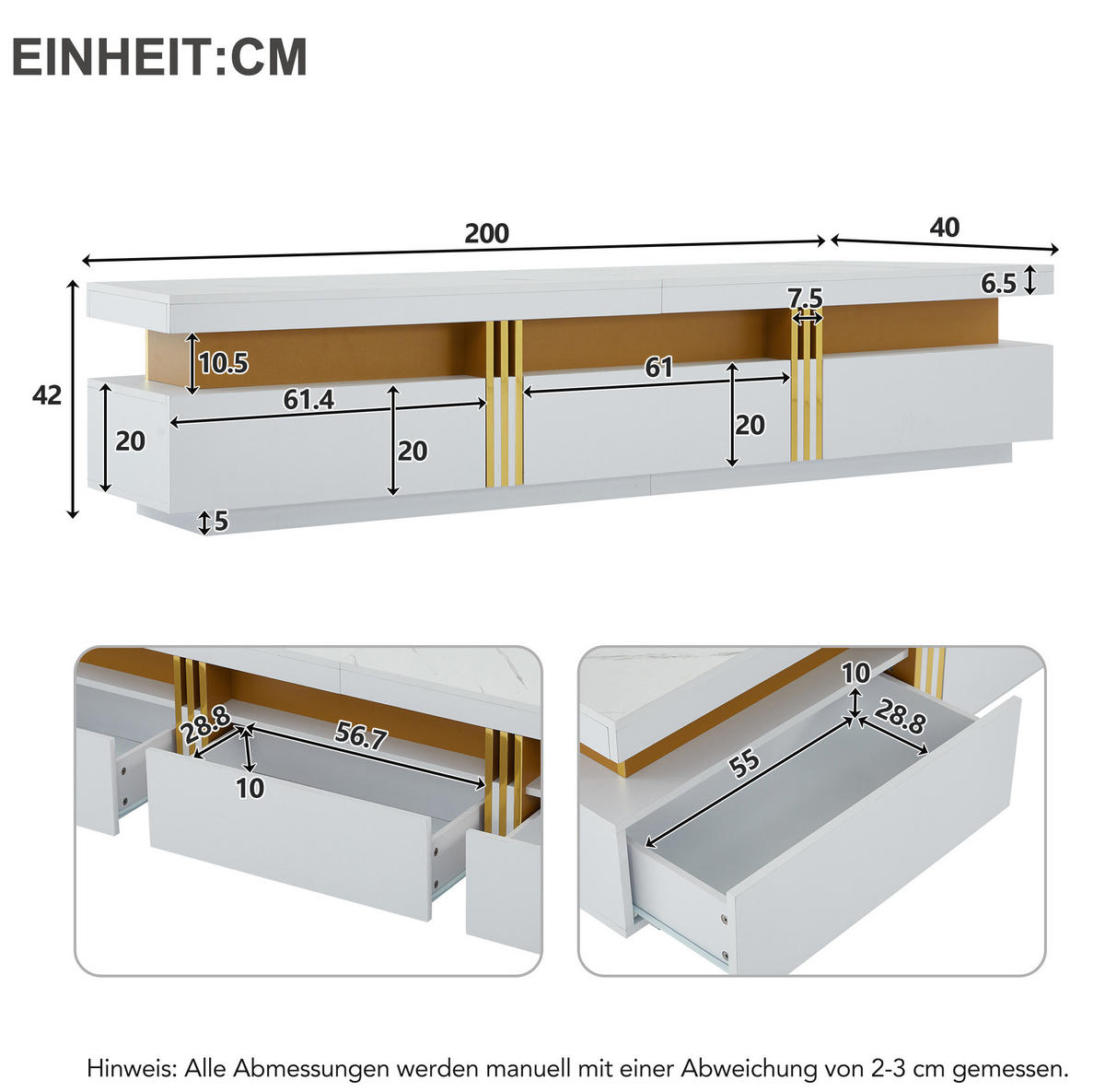TV-ELEMENT-SET Weiß mit Marmor-Optik, Lowboard 200/40/42 cm und Couchtisch - Weiß, Holzwerkstoff (200/42/40cm) - Flora Grace